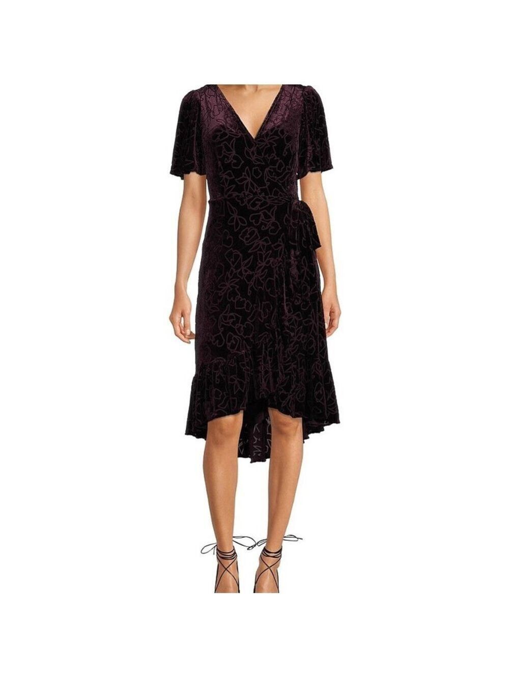 π©ποΈ NWT $159 Calvin Klein Purple Short V-Neck Ruffled Hem Faux Wrap Velvet Dress - Picture 3 of 14